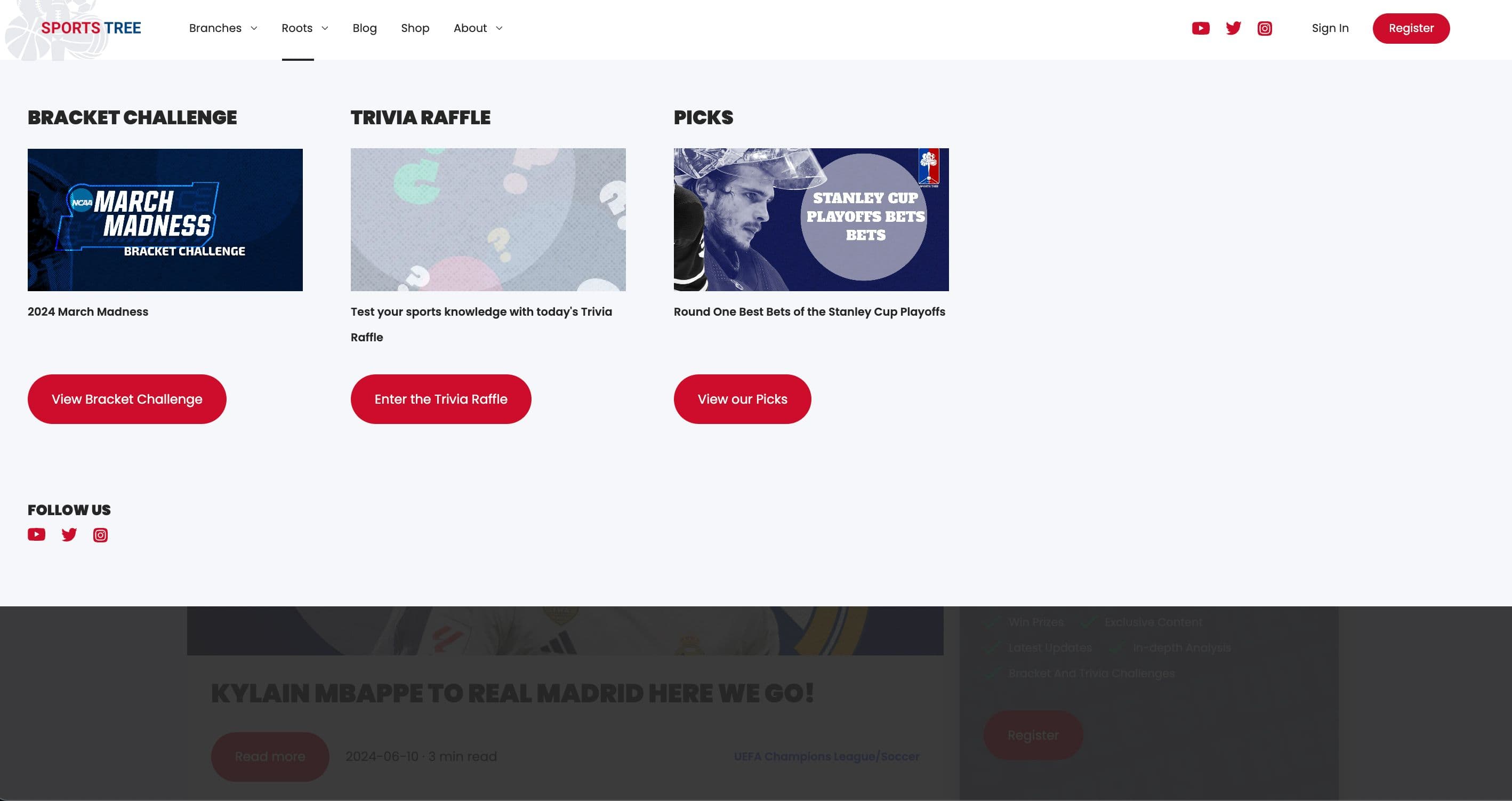 Nav menu showcasing dynamic bracket challenge, trivia raffle, and picks.