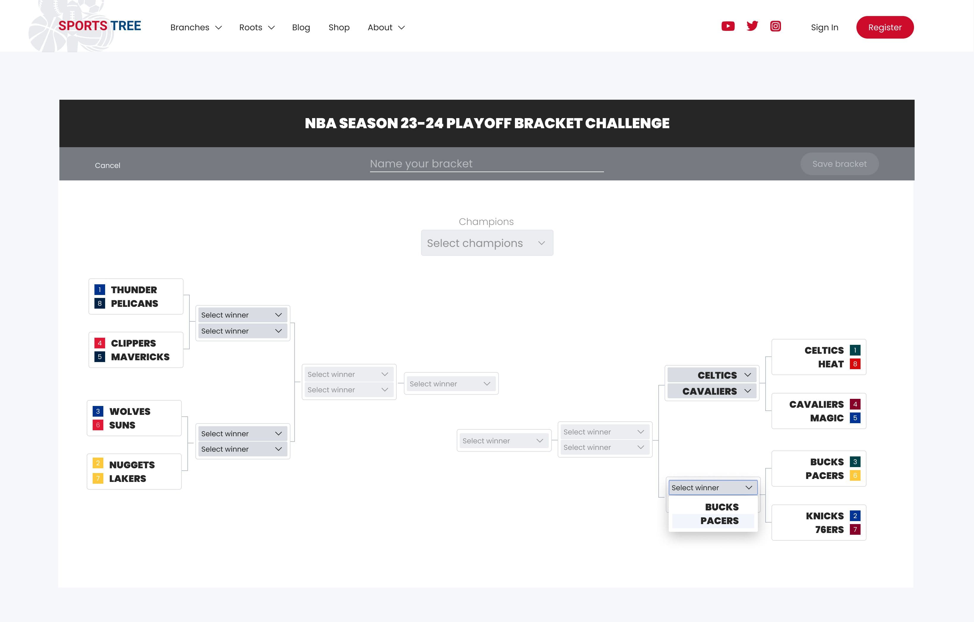 Interactive fantasy bracket challenge page.
